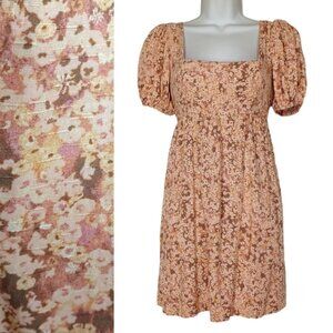 SKY & SPARROW Cream Tan Floral Print Puff Short Sleeve Mini Boho Dress Small